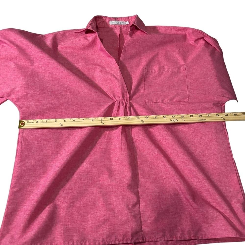 Pink Popover Tunic Top Large Cotton Blend Bell Sleeve Split Neck Boho Resort - Picture 13 of 15